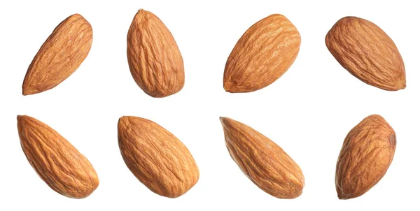 Set Tasty Almonds White Background Banner Design — Stock Photo, Image