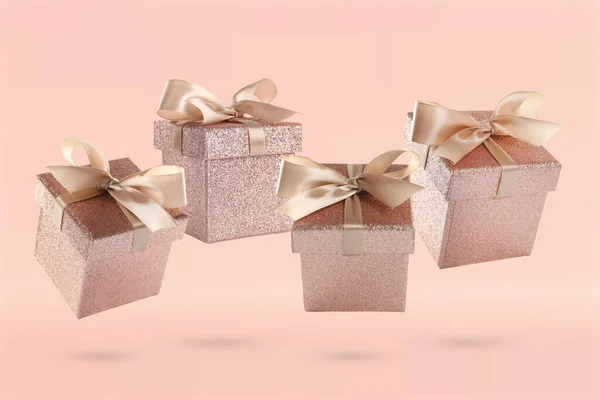 Vackert Inslagna Presentförpackningar Flyger Rosa Bakgrund — Stockfoto