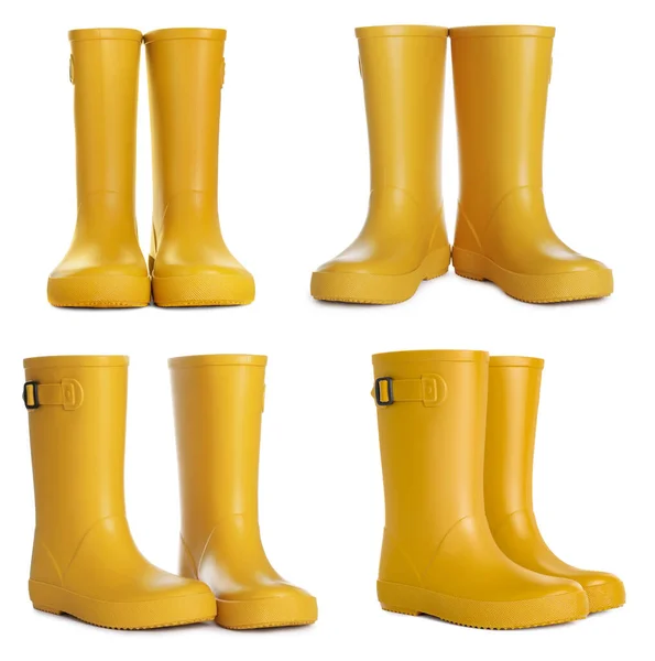 Set Yellow Rubber Boots White Background — Zdjęcie stockowe