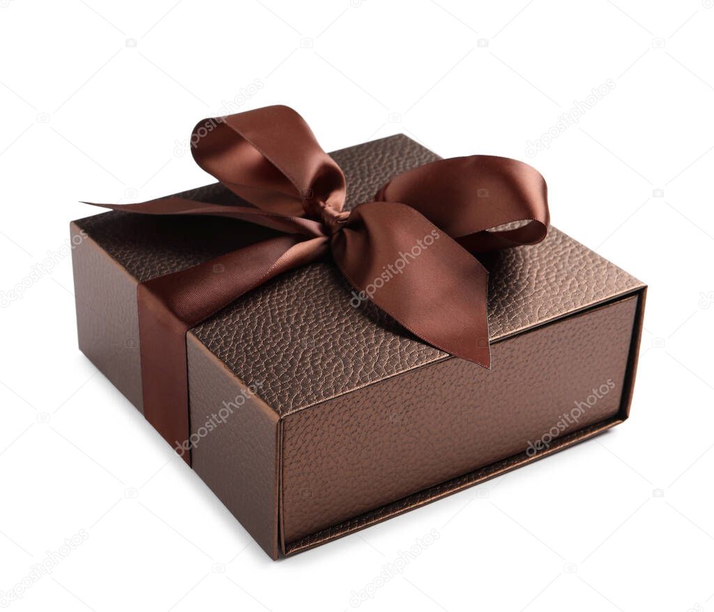 Brown gift box decorated with satin ribbon and bow on white background