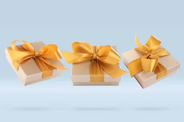 Vackert Inslagna Presentförpackningar Flyger Ljusblå Bakgrund — Stockfoto