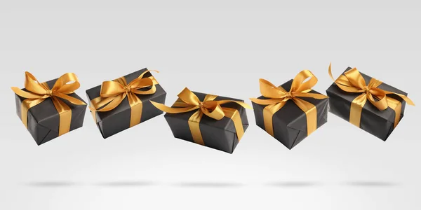 Beautifully Wrapped Gift Boxes Flying Light Background Banner Design — Fotografia de Stock