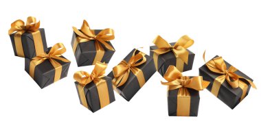 Beyaz arka planda güzel paketlenmiş hediye kutuları uçuyor. 