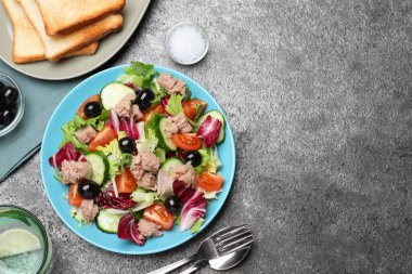 Gri masada servis edilen konserve ton balığı ve sebzeli lezzetli bir salata tabağı. Metin için boşluk
