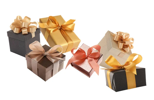 Beautifully Wrapped Gift Boxes Flying White Background — Fotografia de Stock