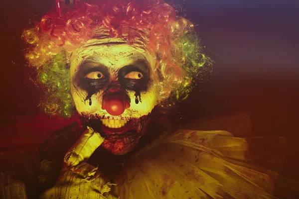 Terrifiant Clown Dans Obscurité Costume Fête Halloween — Photo