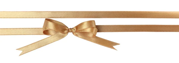 Beautiful Golden Ribbons Bow White Background Top View — Stock Photo, Image