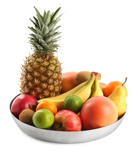 Bandeja Con Diferentes Frutas Maduras Sobre Fondo Blanco — Foto de Stock