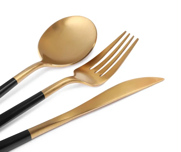 New Golden Cutlery Black Handles White Background Closeup — Stock Photo, Image