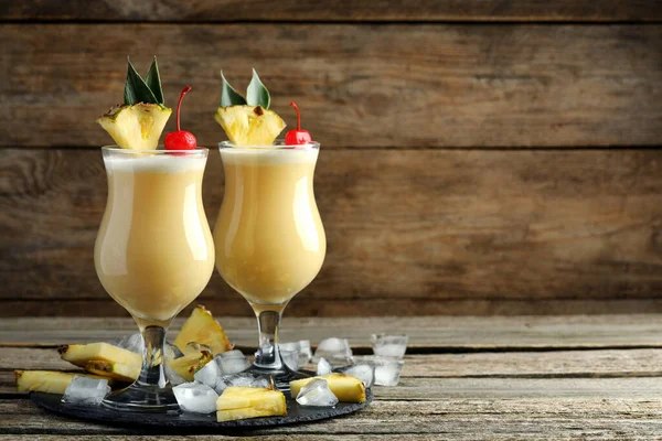 Tasty Pina Colada Cocktails Ingredients Wooden Table Space Text — Fotografia de Stock