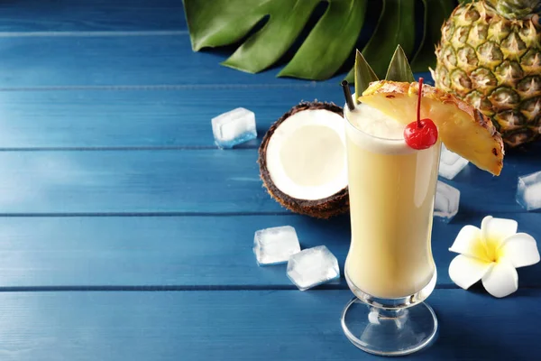 Tasty Pina Colada Cocktail Ingredients Blue Wooden Table Space Text — Fotografia de Stock