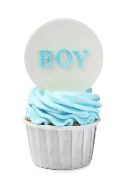 Cupcake Chá Bebê Lindamente Decorado Para Menino Com Creme Azul — Fotografia de Stock