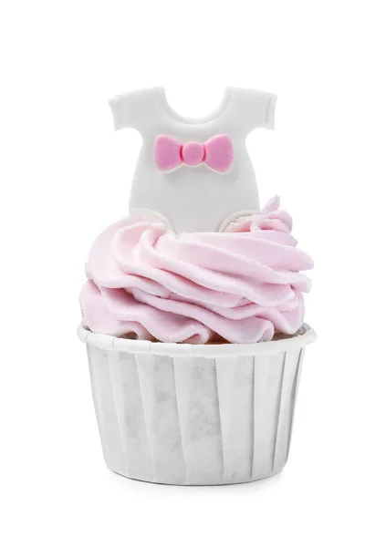 Beautifully Decorated Baby Shower Cupcake Girl Pink Cream Topper White — стоковое фото