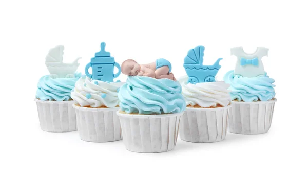 Vackert Inredda Baby Dusch Muffins För Pojke Med Grädde Och — Stockfoto