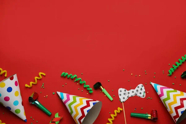 Flat Lay Composition Party Items Red Background Space Text — Stock Photo, Image