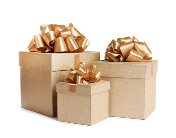 Golden Gift Boxes Satin Bows White Background — Stock Photo, Image