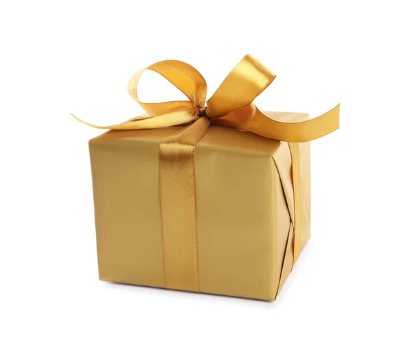 Krásná Dárková Krabice Zlatou Stuhou Lukem Bílém Pozadí — Stock fotografie