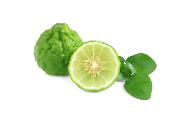 Verse Rijpe Bergamot Vruchten Groene Bladeren Witte Achtergrond — Stockfoto