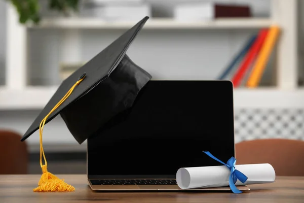 Graduation Hat Student Diploma Laptop Wooden Table Indoors — ストック写真