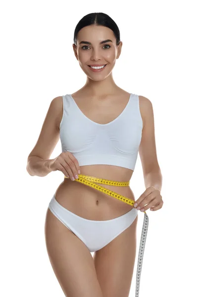 Young Woman Measuring Waist Tape White Background — Stock Photo, Image