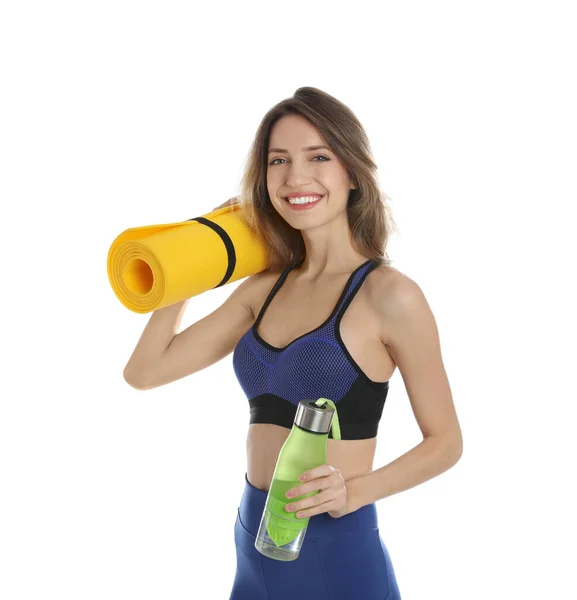 Hermosa Mujer Con Esterilla Yoga Botella Agua Sobre Fondo Blanco —  Fotos de Stock