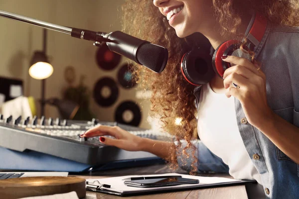 African American Woman Working Radio Host Modern Studio Closeup — стокове фото