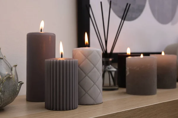 Burning Candles Air Freshener Wooden Shelf Indoors — Fotografia de Stock