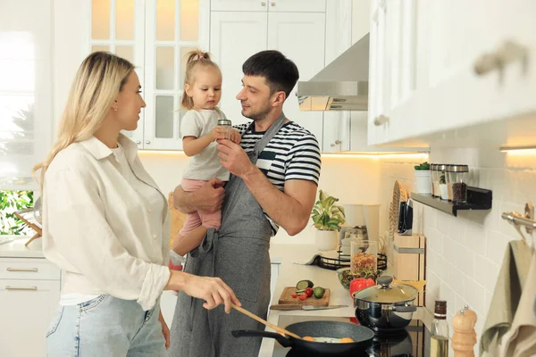 Happy Lovely Family Cooking Together Kitchen — Fotografia de Stock