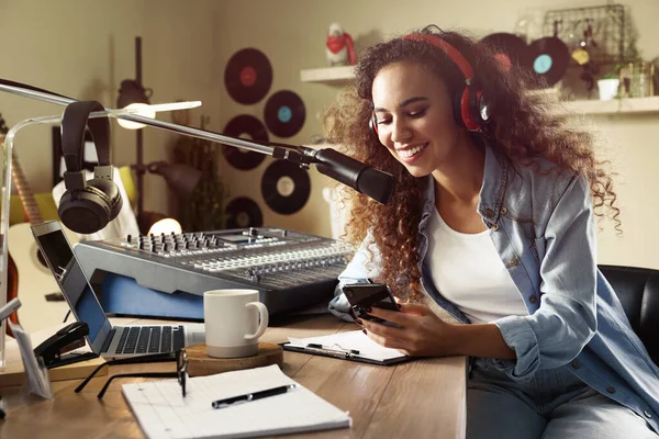 African American Woman Smartphone Working Radio Host Modern Studio — Stock Fotó