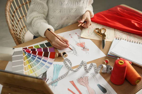 Fashion Designer Creating New Clothes Sketchbook Wooden Table Indoors Closeup — Fotografia de Stock