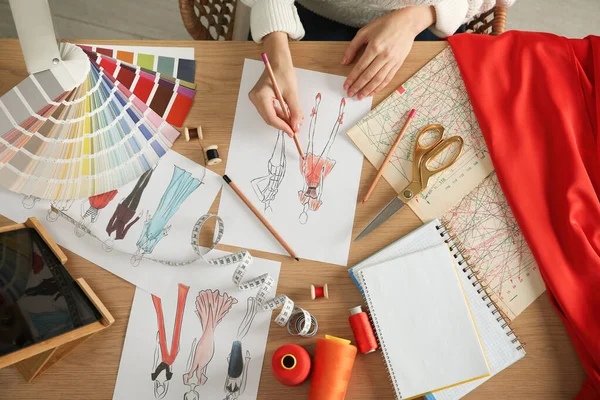 Fashion Designer Creating New Clothes Sketchbook Wooden Table Top View — Fotografia de Stock