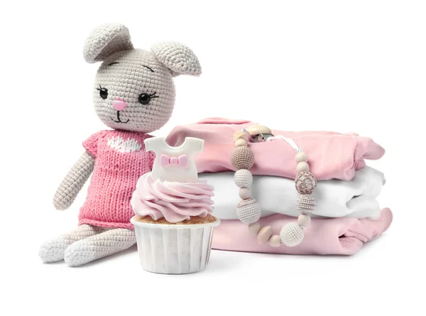 Beautifully Decorated Baby Shower Cupcake Girl Clothes Toys White Background — Foto de Stock