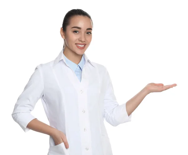 Beautiful Young Doctor Showing Something White Background — Photo