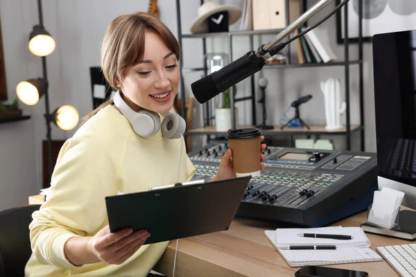 Woman Cup Coffee Working Radio Host Modern Studio — Stockfoto