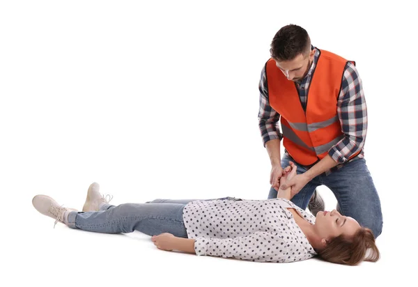 Paramedic Uniform Performing First Aid Unconscious Woman White Background — Fotografia de Stock