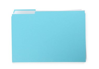 Light blue file with documents isolated on white, top view