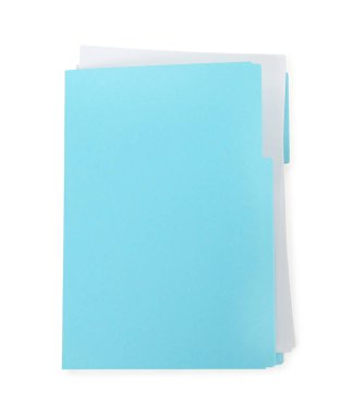 Turquoise file with documents isolated on white, top view