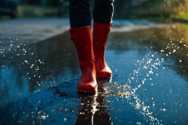 Woman with red rubber boots walking in puddle, closeup. Rainy weather