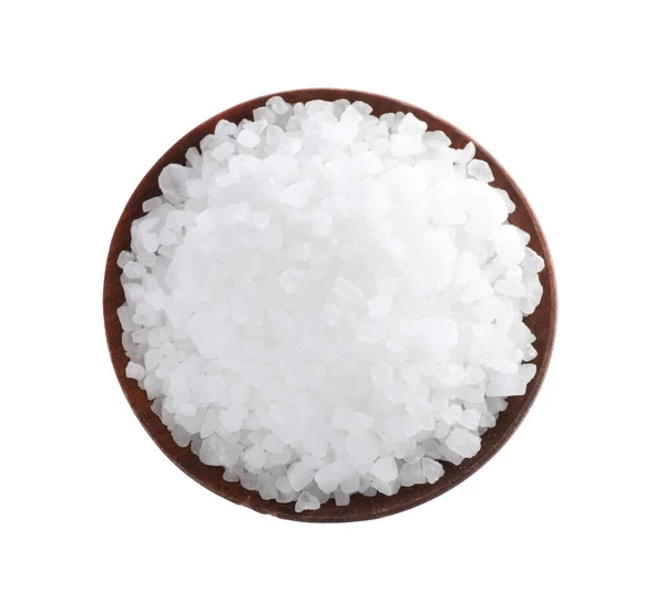 Natural Salt Wooden Bowl Isolated White Top View — Φωτογραφία Αρχείου