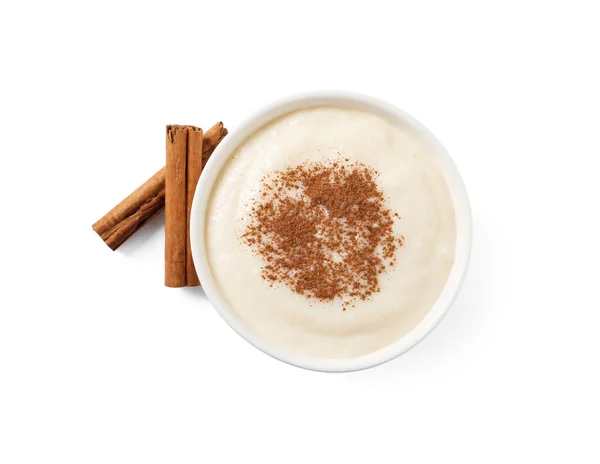Delicious Semolina Pudding Cinnamon White Background Top View — Photo