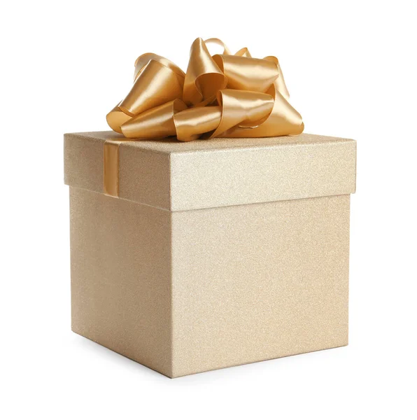 Golden Gift Box Satin Bow White Background — 图库照片