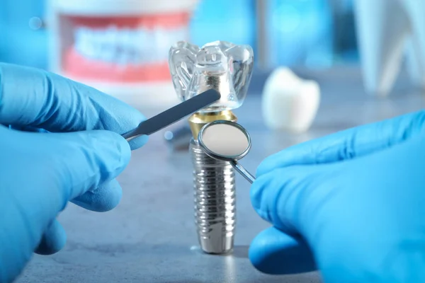 Dentist Tools Pointing Educational Model Dental Implant Indoors Closeup — 스톡 사진