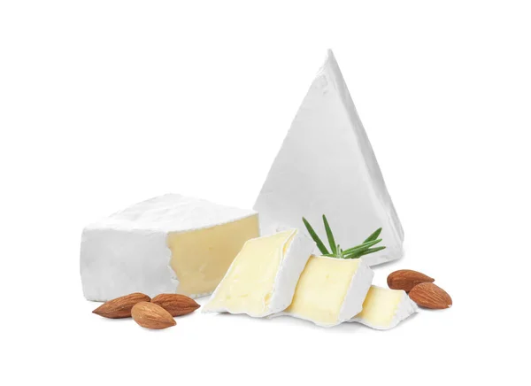 Tasty Cut Brie Cheese Rosemary Almonds White Background — Foto de Stock