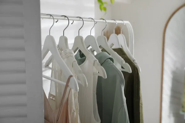 Rack Different Stylish Clothes Dressing Room Closeup — Fotografia de Stock