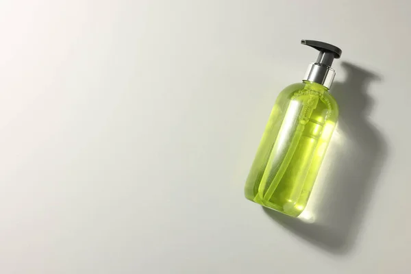 Bottle Liquid Soap Grey Background Top View Space Text — Zdjęcie stockowe