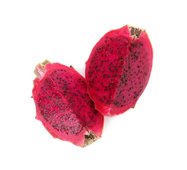 Deliciosa Fruta Pitahaya Roja Cortada Sobre Fondo Blanco Vista Superior —  Fotos de Stock