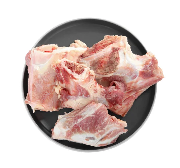 Plate Raw Chopped Meaty Bones Isolated White Top View — стоковое фото