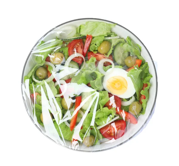 Plate Fresh Salad Wrapped Transparent Plastic Stretch Film Isolated White — 图库照片