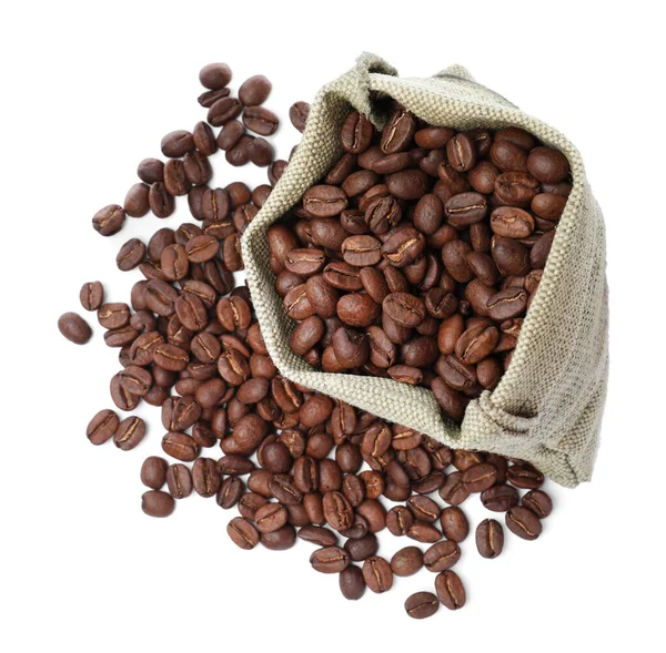 Zak Gebrande Koffiebonen Witte Achtergrond Bovenaanzicht — Stockfoto