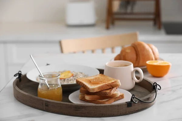 Wooden Tray Delicious Breakfast White Marble Table Kitchen Space Text — Fotografia de Stock